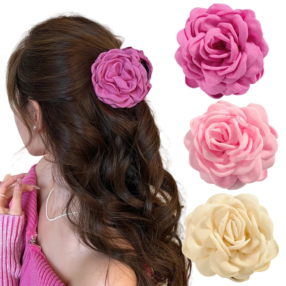16 Colors Sweat Medium Size Cotton Fabric Rose Flower Hair Claw Clips for Women Korean Ctach Shark Clamp Hair Accessories 2024