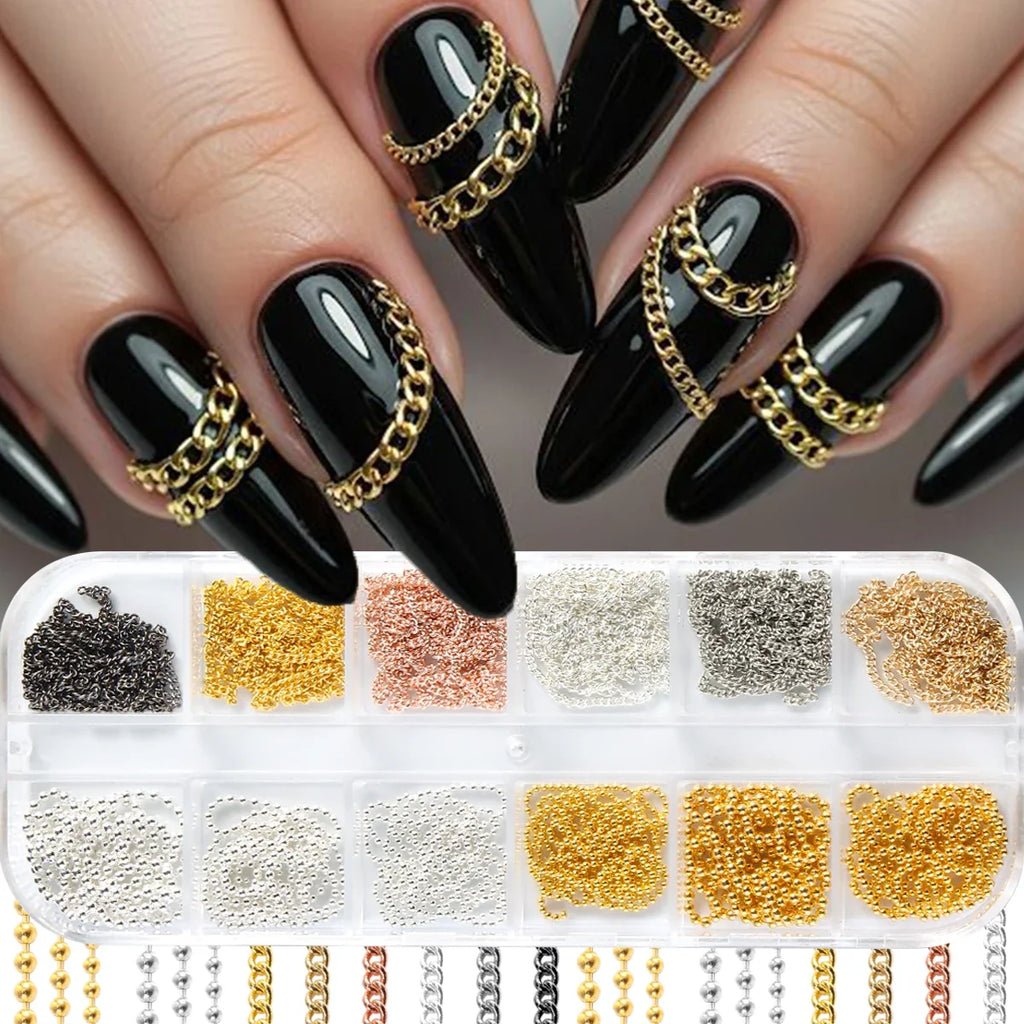 Metal Nail Art Chains,Gold Silver Nail Chain 3D Nail Decoration Charm Personality Nail Jewelry Nail Design Ornament for Manicure