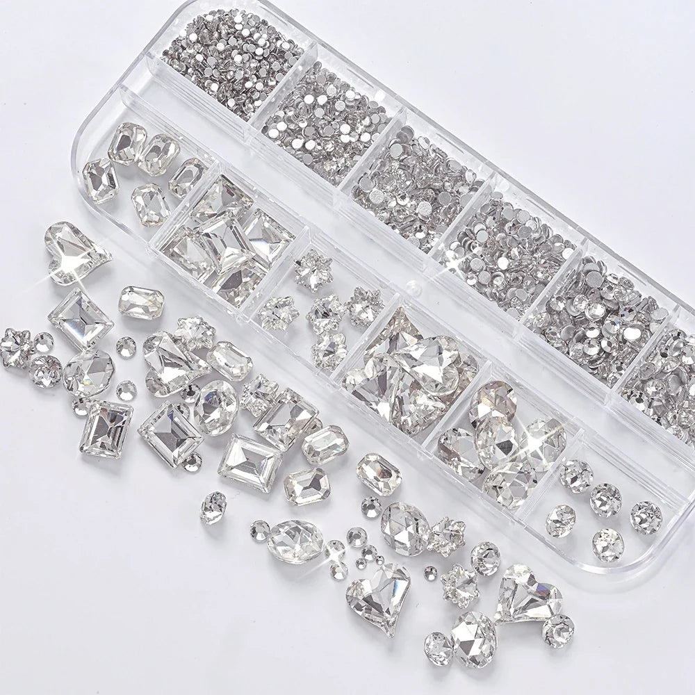 12Grids 3D Clear Glass Mutil-Shapes Nail Rhinestones + SS6-SS16 Round Diamond Crystals Luxury Heart Square Nail Art Gems Decorat