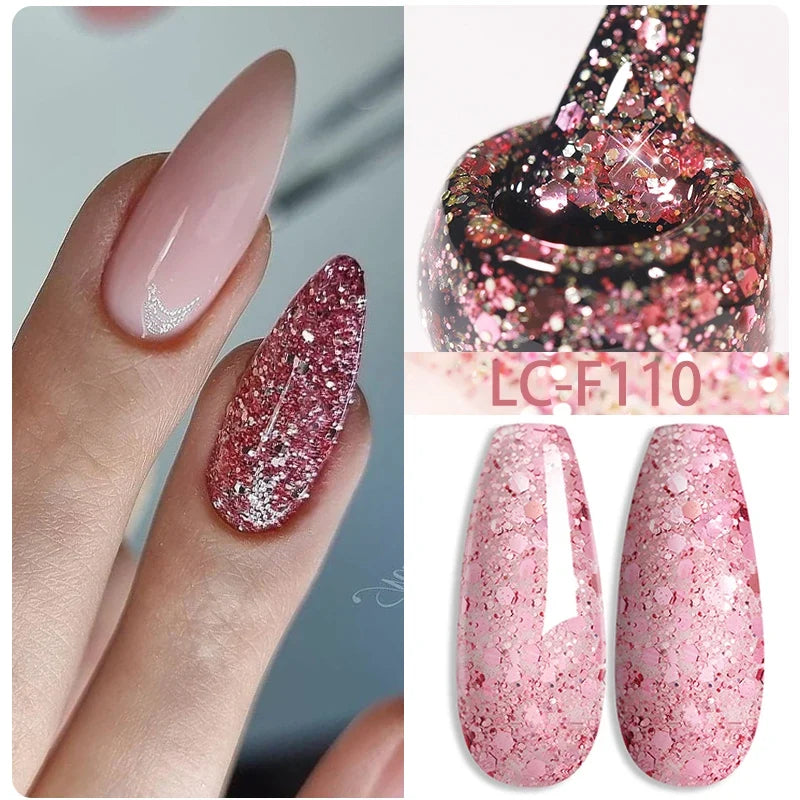 LILYCUTE Milky White Gold Sequins Quick Extension Rubber Base Gel Nail Polish Glitter Extend Construct Hard Gel Nail Art Varnish