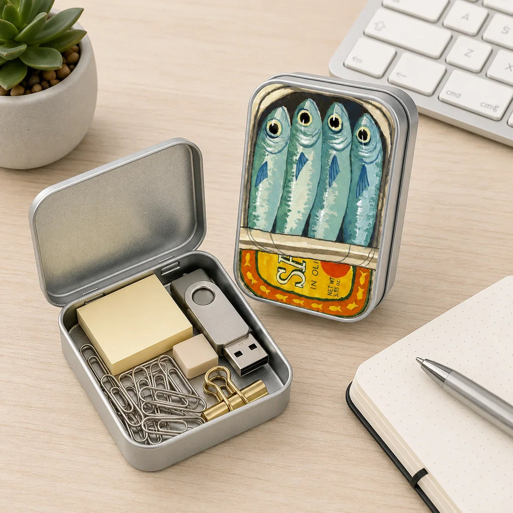 Cute Retro Fish Cat Mini Metal Tin Box, Portable Storage Case for Earbuds Jewelry Pills Coins Travel Desk Gift