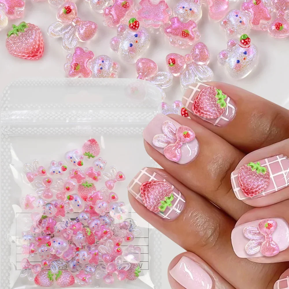 50pcs 3D Mixed Rabbit Strawberry Nail Parts Shinny Blush Bunny Bowknot Kawaii Nail Art Charms Lovely Girls Manicure Accessories