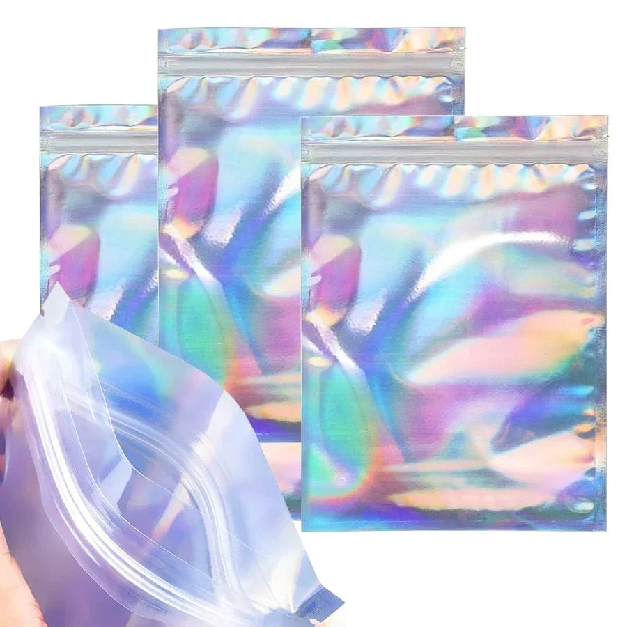 10Pcs Holographic Foil Resealable Zip Bags for Nail Rhinestones Jewelry Makeup Gel Polish Packaging Gift Pouch