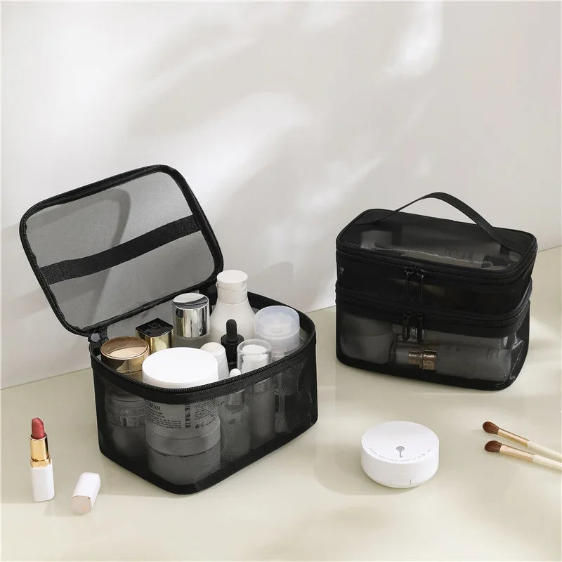 Mesh Cosmetic Bag Portable Handheld Zipper Makeup Organizer Bag Transparent Travel Toiletry Wash Storage Handbag