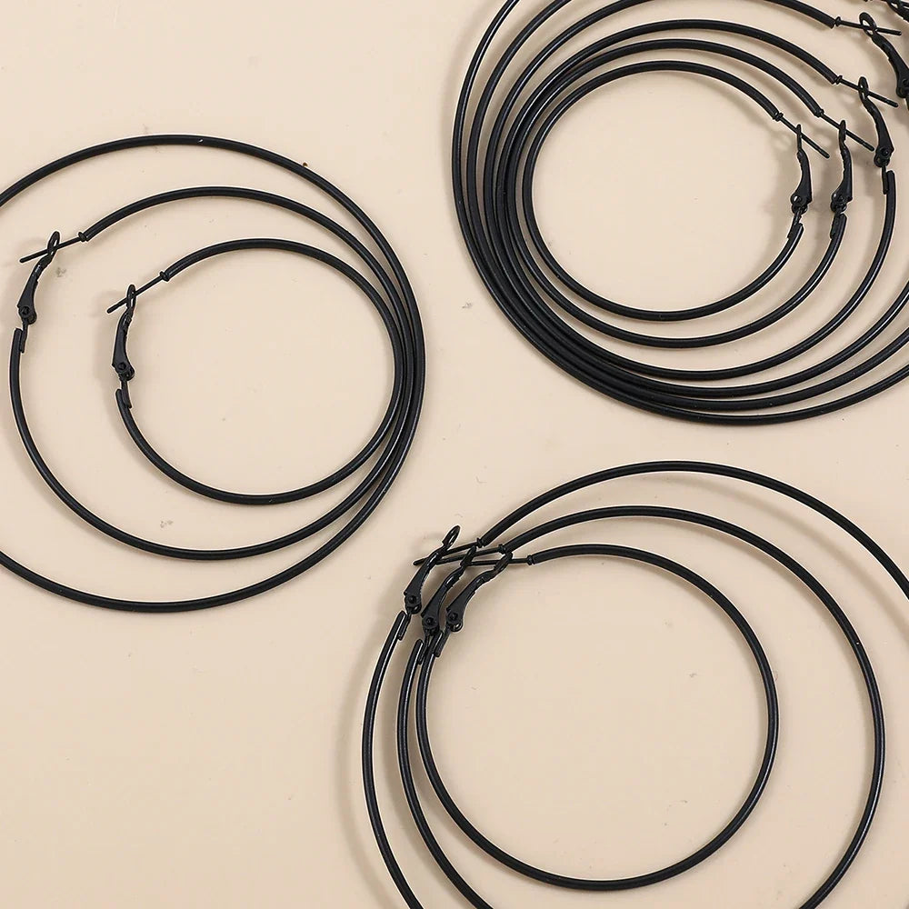 5 Sizes Stainless Steel Black Round Circle Hoop Earrings for Women Punk Exaggerated Smooth Statement Earring Gothic Jewelry Gift