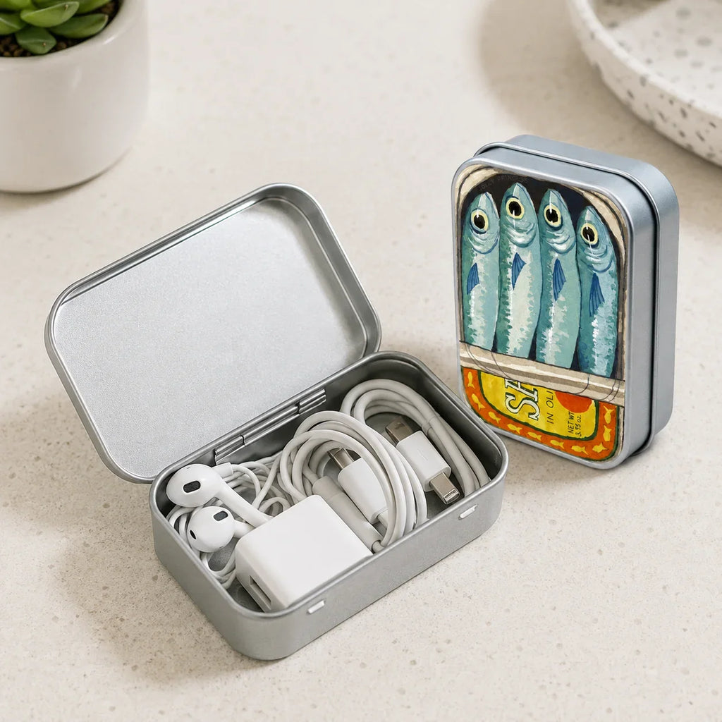 Cute Retro Fish Cat Mini Metal Tin Box, Portable Storage Case for Earbuds Jewelry Pills Coins Travel Desk Gift