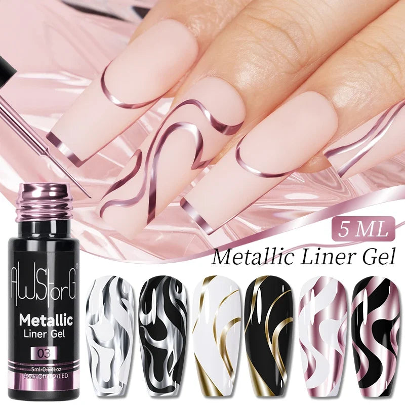 AWStorG 1/3 Pcs Metallic Liner Paint Gel Nail Polish Chrome Mirror Metal Effect Super Bright French  Semi Permanent  UV LED Gels