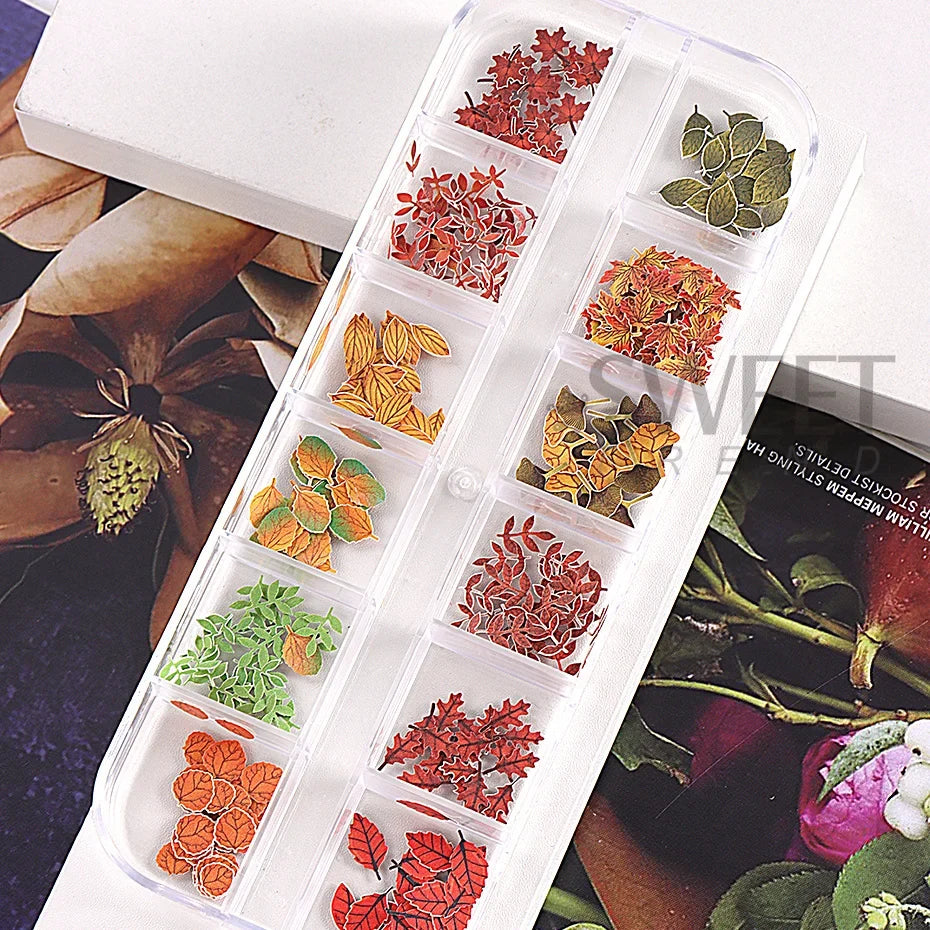 12 Grids Autumn Faux Maple Leaves Nail Sequins Set Simulated Fall Leaf Flakes Design Decor DIY Charm Manicure Accessories Slices