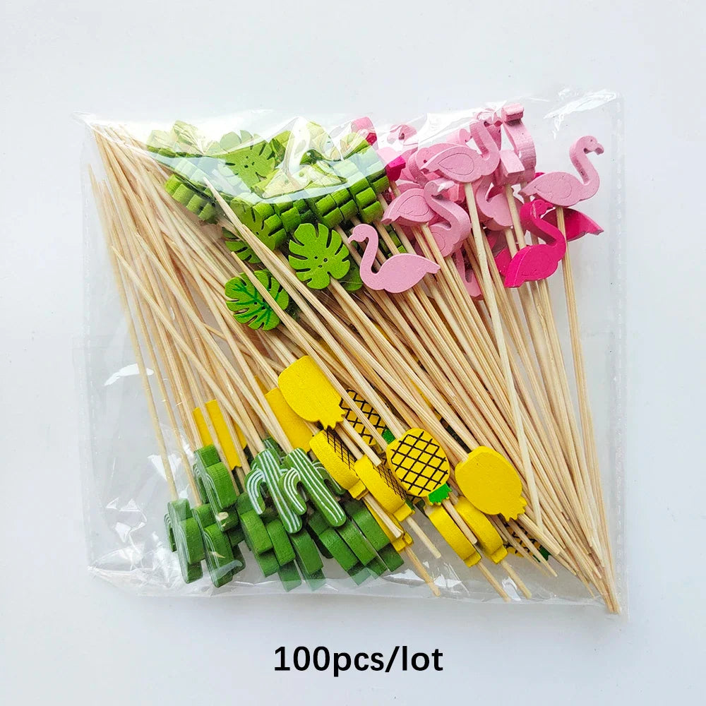 100/50Pcs Hawaii Party Cocktail Sticks Bamboo Skewers for Salad Dessert Disposable Forks Buffet Fruit Birthday Party Wedding