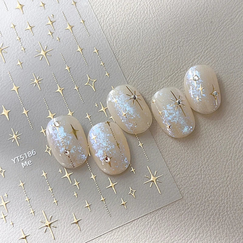 Gold Silver Stamped Starlight Laser Glitter Star Bronzing Rhinestones Relief Nail Art Decorations Stickers Manicure Decals