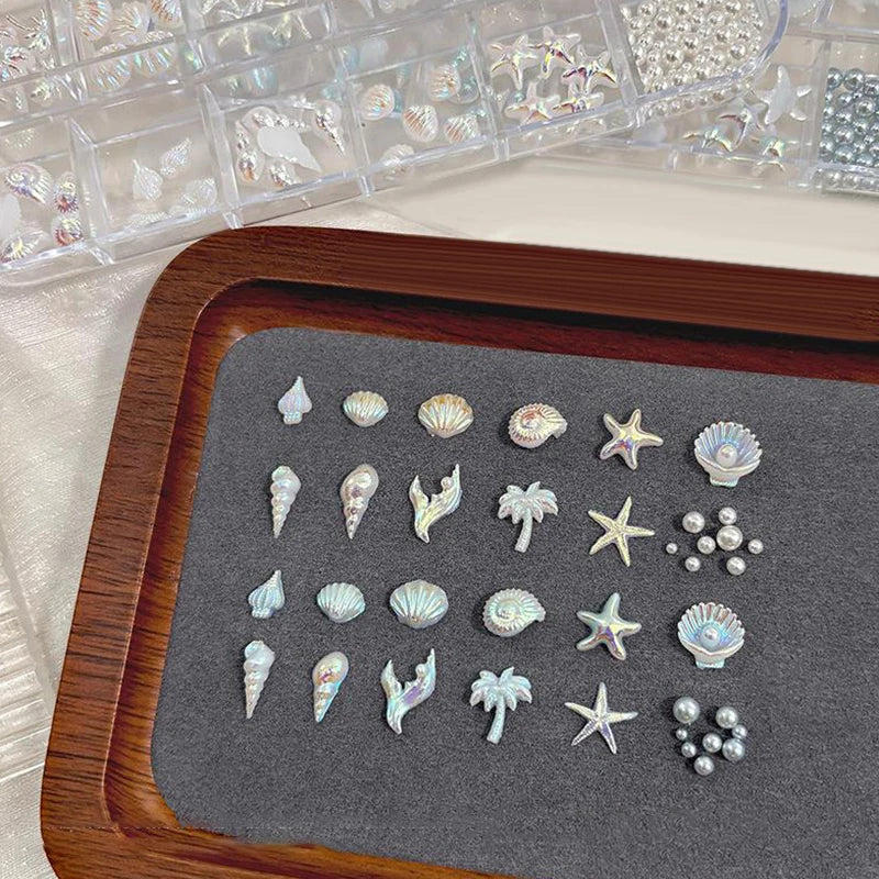 12 Grids Box Blue White Nail Charm Shell Starfish Mermaid Tail 3D Oceanic Manicure Nail Art DIY Salon Decoration Accessories