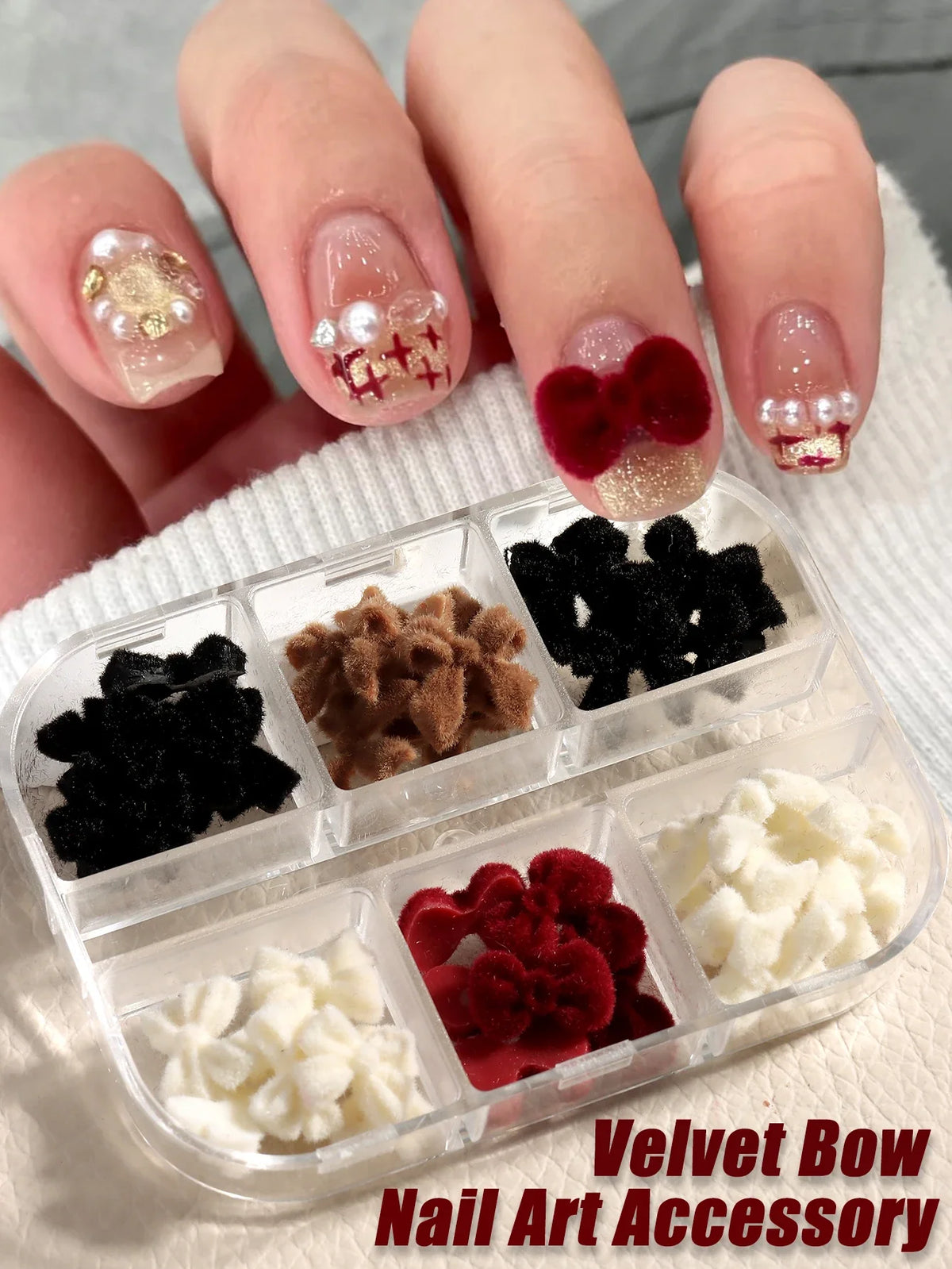 Valentine's Velvet Winter Wine Red Black Flocking Bow Design Nail Accessories DIY Bow Tie Heart Shape Nail Art Supplies Nail Art