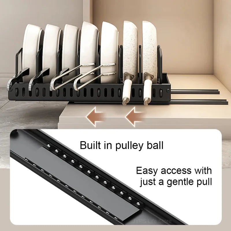 Pull‑out Sliding Kitchen Storage Rack Multifunctional Drawer Organizer for Pan Lids Spices Bowls Plates Cookware Storage