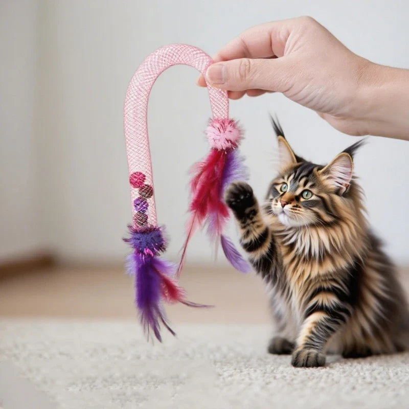 Interactive Cat Toy Catnip Elastic Rope Toy with Feathers and Bell Indoor Kitten Speaky Toys Cat Teaser Hunting Pet Cats Toy