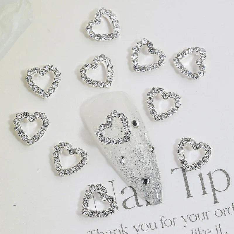 10pcs Silver Diamond Heart Shape Nail Art Charms 3D Nail Alloy Hollow-Out Crystal DIY Manicure Art Decoration Accessories