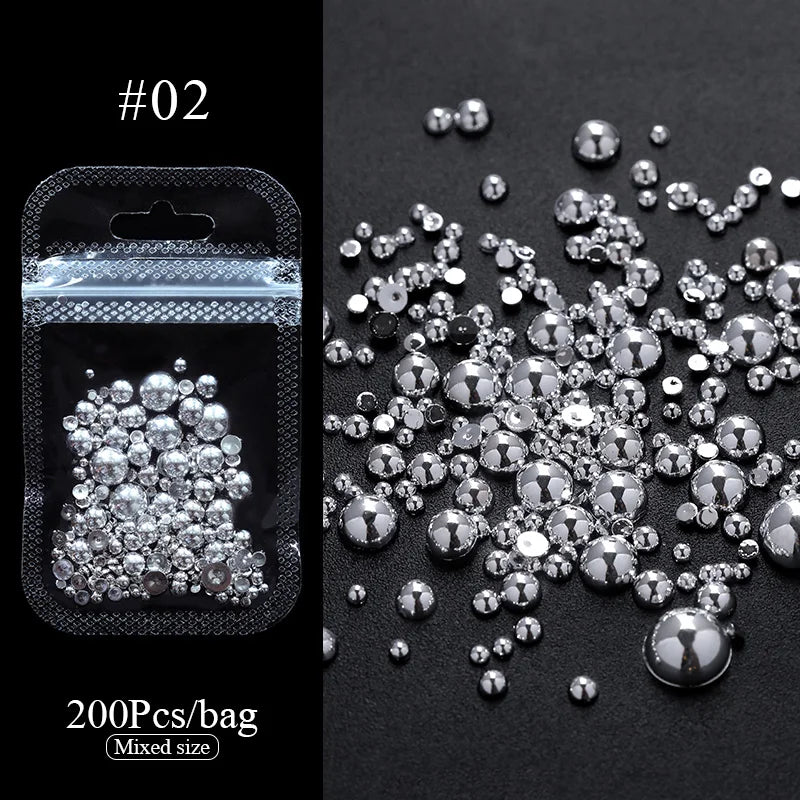 White Pearls Nail Beads DIY Manicure 3D Nail Art Decoration Rhinestone Half Round Mixed Size Beige Flatback Nail Material Supply