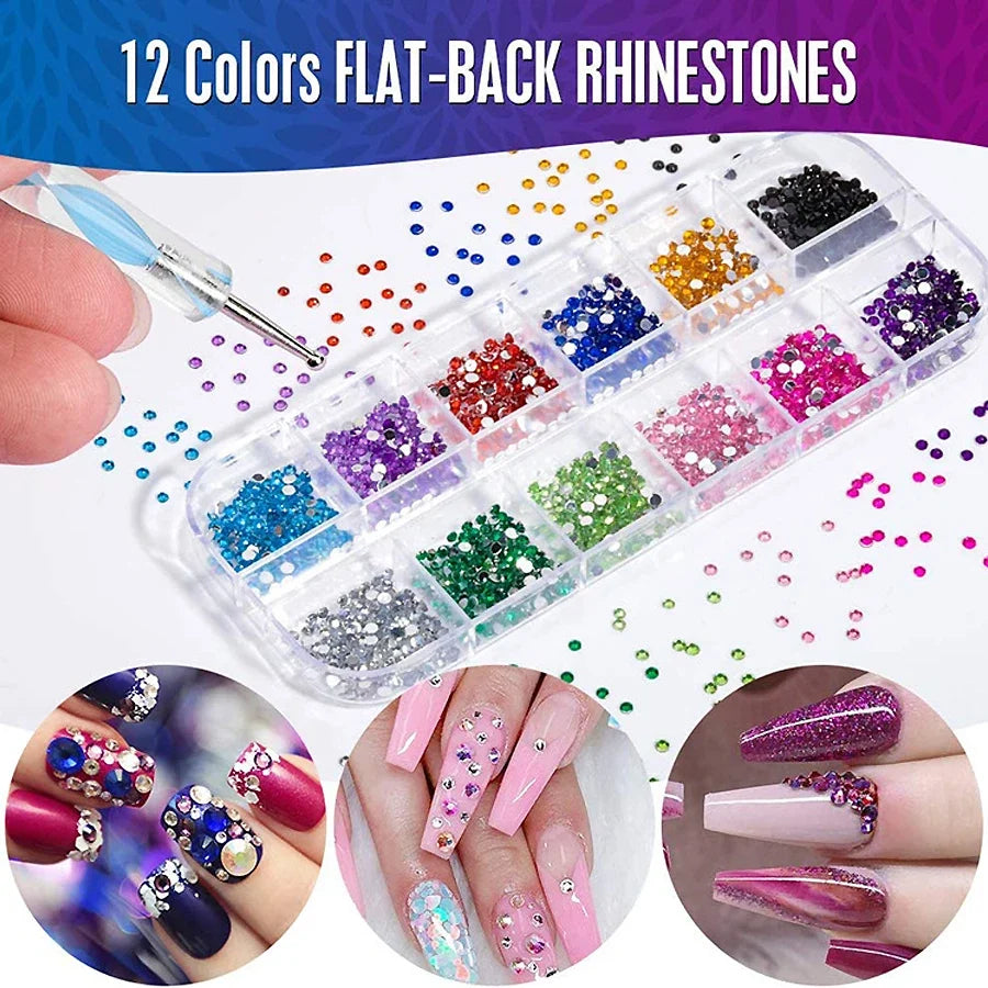 12 Colors Flatback Nail Art Rhinestones Nail Gems Glass AB Clear Crystal Rhinestones Nail Art Charms DIY Manicure Accessories