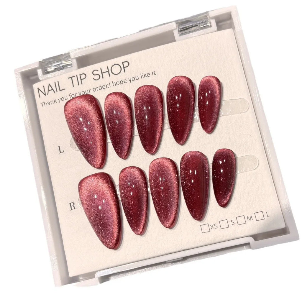 10Pcs Shiny Handmade Press on Nails Cherry Solid Color Almond Cat Eye Design Fake Nails Sparkling Removable Manicure Nail Women