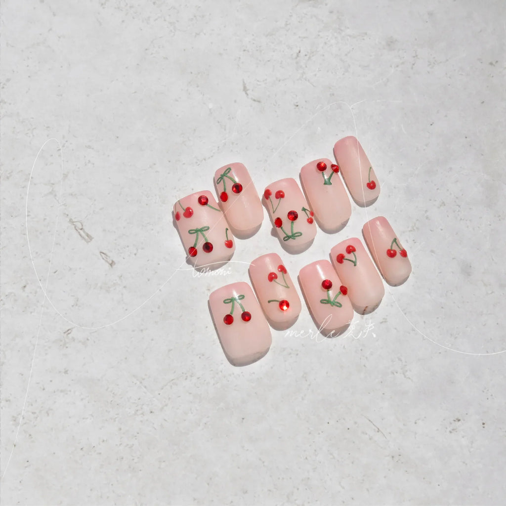 Colorful Zircon Cherry Design Lovely 5D Soft Embossed Reliefs Self Adhesive Nail Art Stickers Cute 3D Jelly Manicure Decals