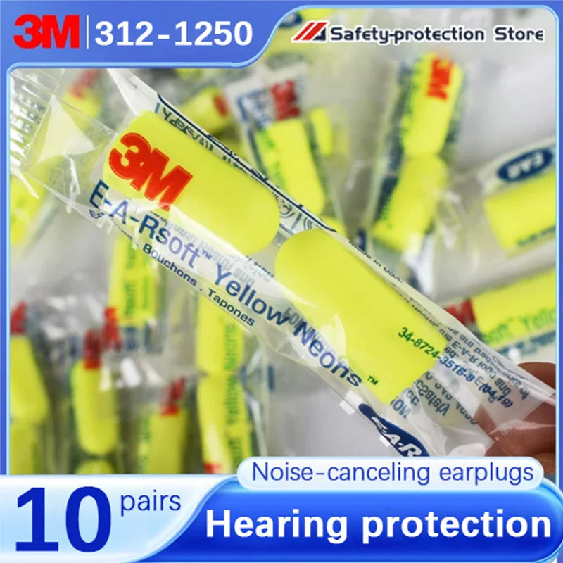 10 Pairs】Genuine 3M 312-1250 Sponge Soft Cord Earplugs Noise Canceling Norope Earplugs Noise Protection Earmuffs