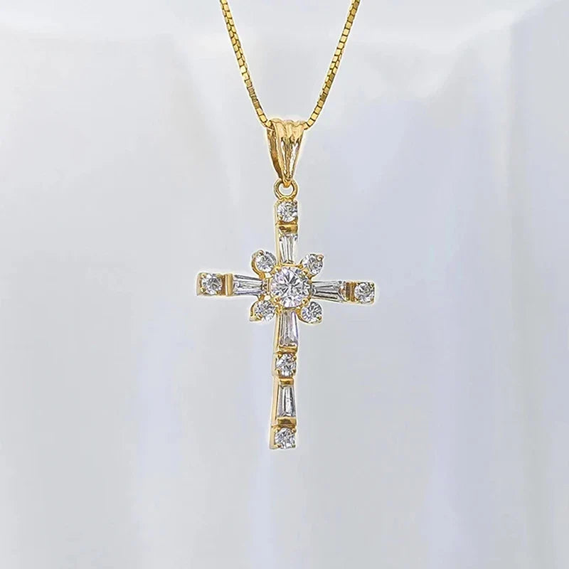 Huitan Fashionable Cross Pendant Necklace for Women Brilliant Cubic Zirconia Luxury Wedding Accessories Exquisite Neck Jewelry