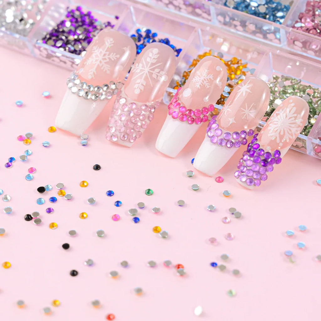 12Grids Colorful Mixed Glitter Nail Rhinestones Sparkly 2mm Mini Acrylic Flatback Diamonds Pink/Clear/Green Gems Manicure Parts