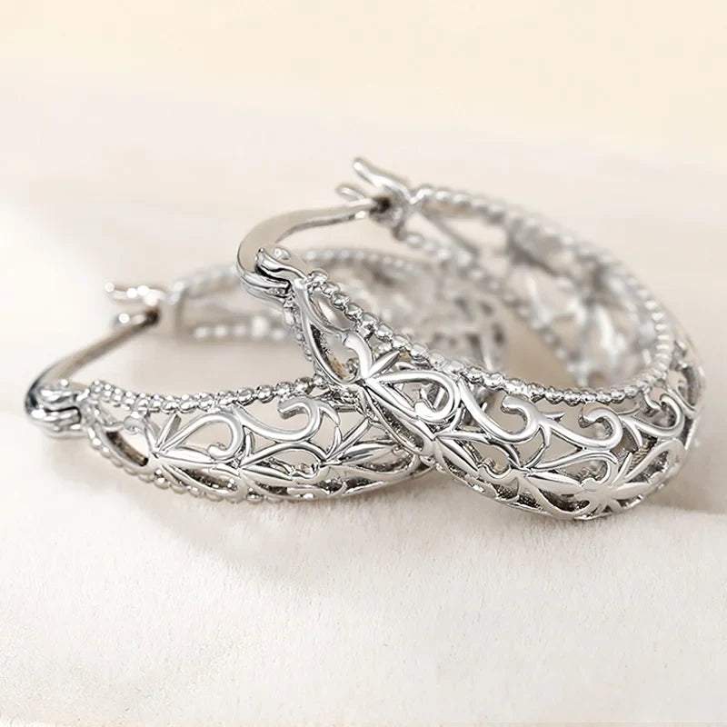 Huitan Graceful Hollow-out Design Hoop Earrings Lady Elegant Delicate Accessories for Anniversary Metal Silver Color Jewelry