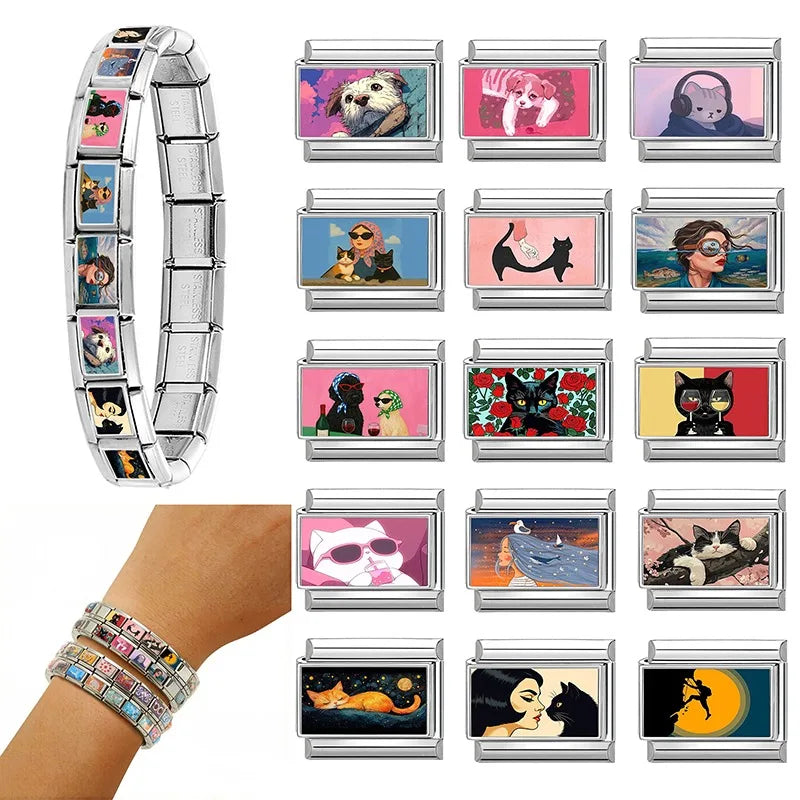 New 9mm Original Design Artistic Cats Girls Sea Colorful Pattern Stainless Steel Charm Italian Bracelet Link Making DIY Jewelrys