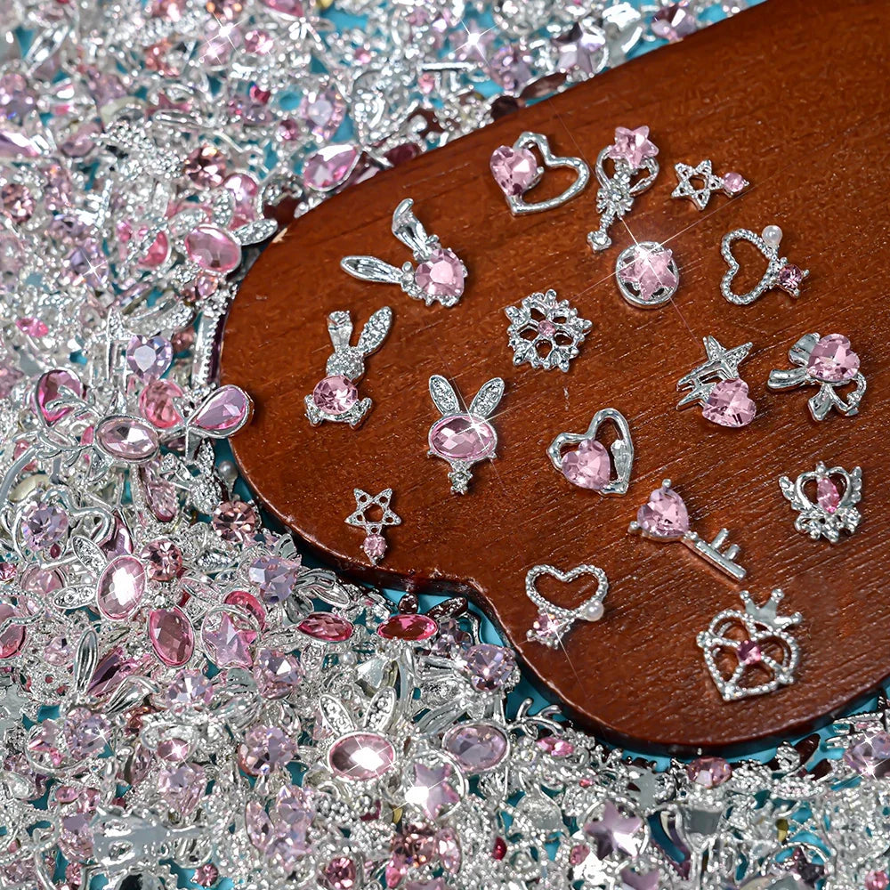 30pcs Mixed Set Golden Alloy Rabbit Nail Decoration Five-Pointed Star Heart Pink Diamond Nail Charms Metal Bow Nail Rhinestones