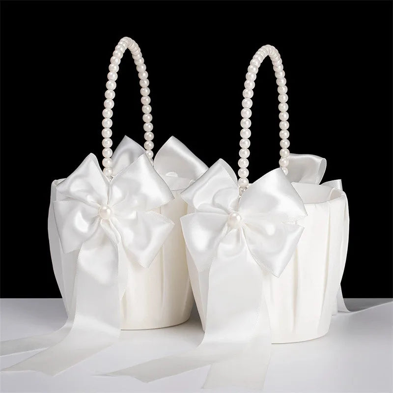 1/2pcs Satin Pearl Knot Flower Basket For Girls, Ring Holder, White Flowers, Wedding Accessories, Ladies Supplies, 2024
