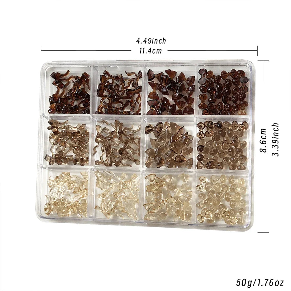 12Grids 3D Mini Maillard Brown Bowknot Kawaii Ribbon Bow New Year Nail Art Decorations Autumn Winter Y2K Bowtie Nail Rhinestones