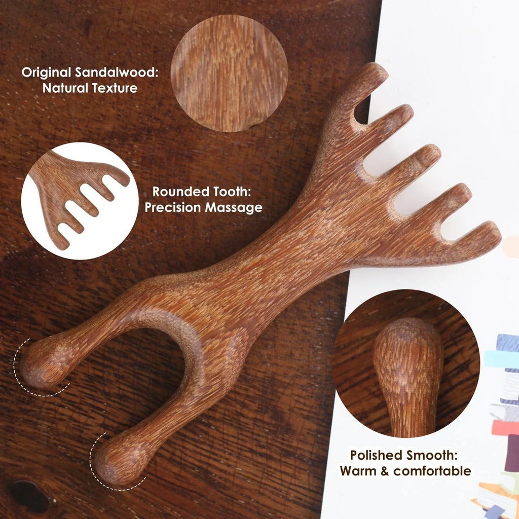 Natural Sandalwood Five-Claw Scalp Massager Gua Sha Tool Back Scratcher Spa Handheld Meridian Massage Comb Hair Care