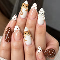 24PCS Summer Green Lotus Almond Press on Nails Cute Frog French Fake Nails for Women Fresh Flowers Wearable Manicure with Glue