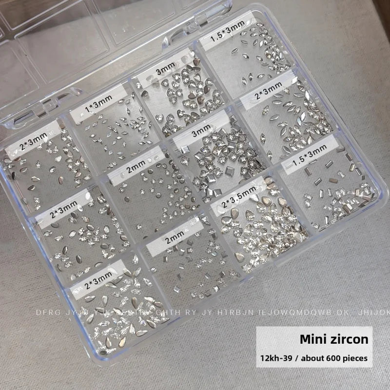 12 Grids Shiny Mixed Zircon Nail Rhinestones Round Transparent Nail Gems Irregular Nail Diamonds Manicure Decor Supplies