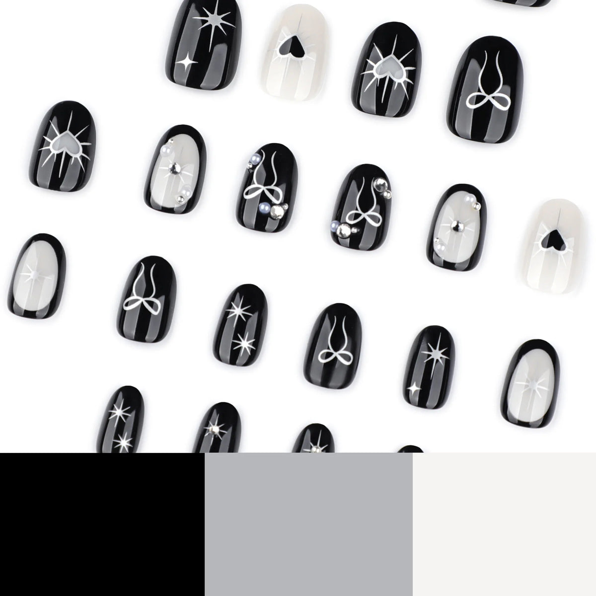 24pcs Gothic Style Black Fake Nails Silver Love Heart Bowknots Designs Y2k Press On Nails Short Almond Wearable False Nail Tips