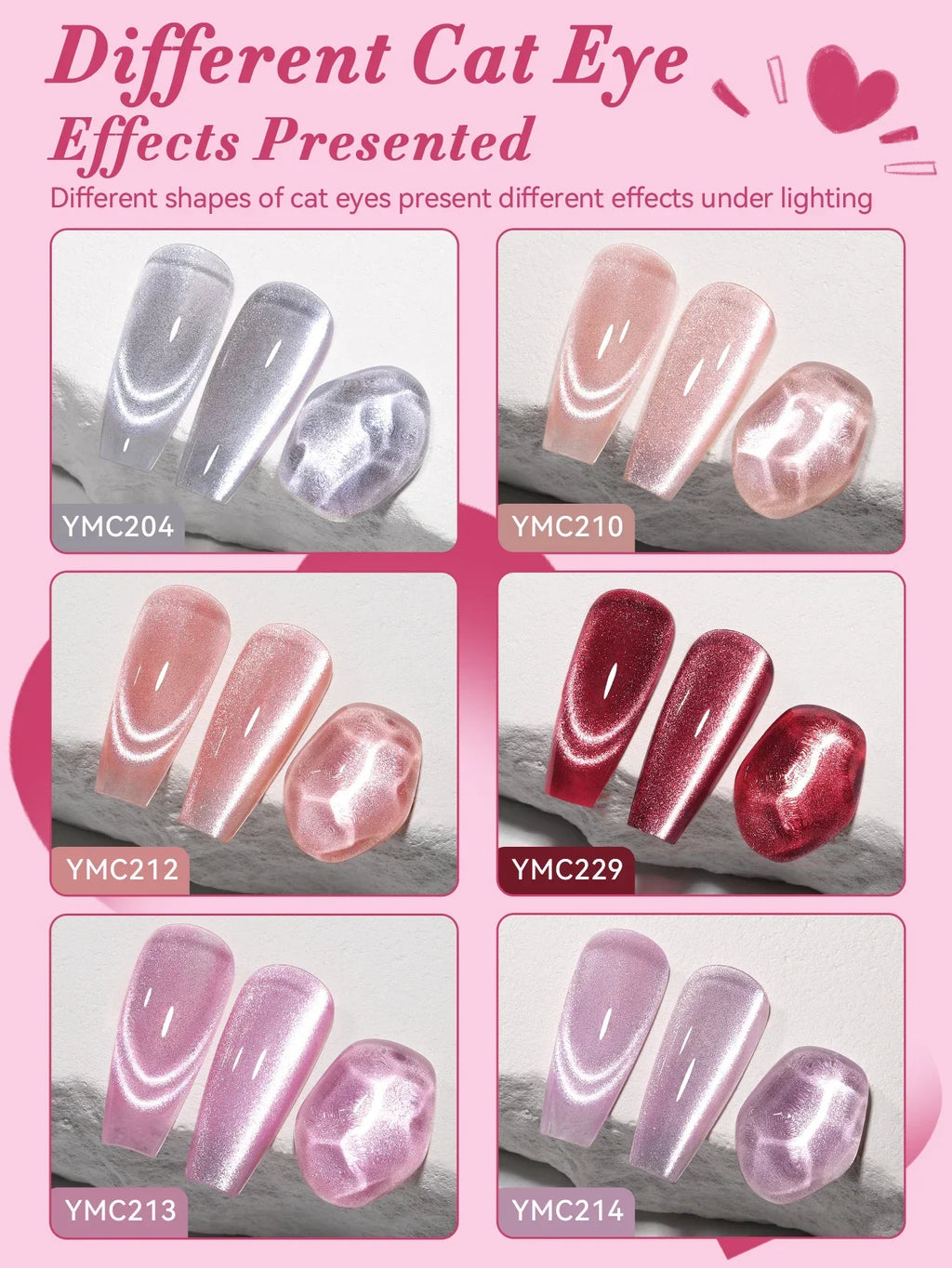 YOKEFELLOW Magnetic Gel Nail Polish Amour de Cristal Gel Polish Reflective Cat Eye Gel for Nail Art Manicure DIY Valentine's Day