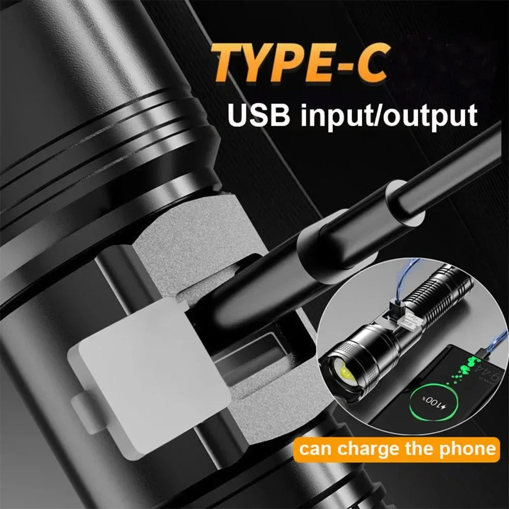 Bright LED Flashlight, USB Rechargeable Tactical Torch, Long Range Zoomable Waterproof Lamp for Camping Hiking Fishing Hunting