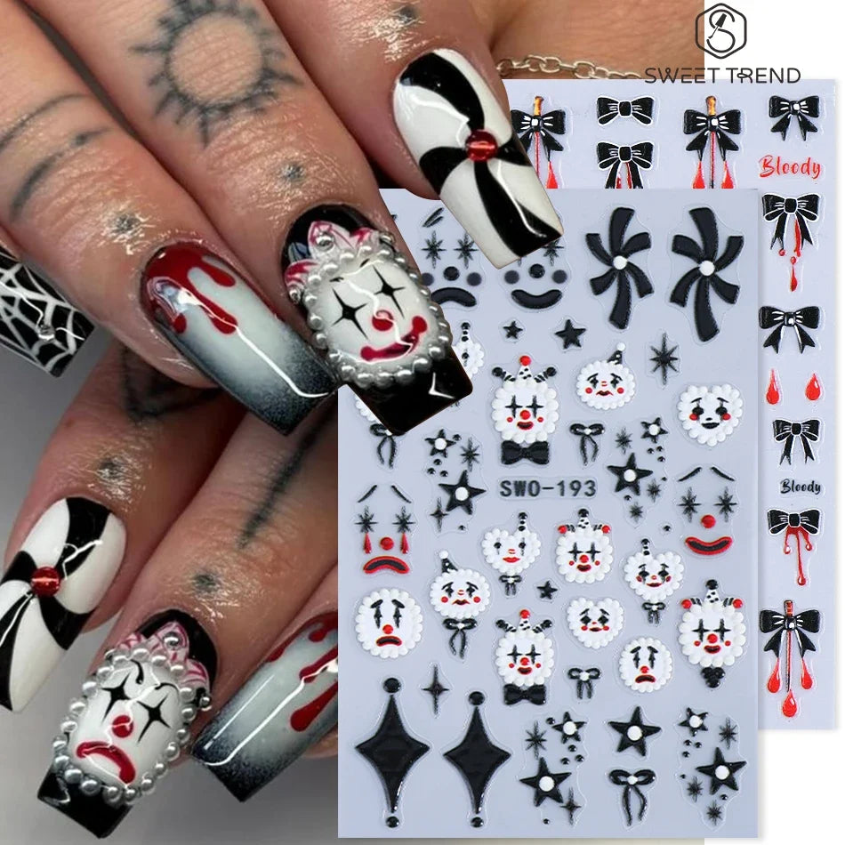 2pcs Halloween Nail Stickers Wacky Expression Clown Face Bowknot Star Pattern Nail Decals DIY Manicure Decoration Nail Supplies