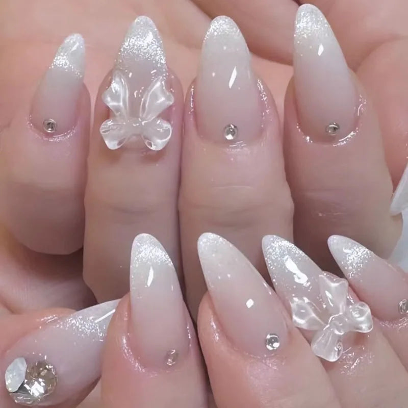 24pcs Fake Nails Crystal-Clear Smile Cat-Eye Rhinestone and Bow Designs High-Quality Press-On Nails Perfect as Gifts for Girls