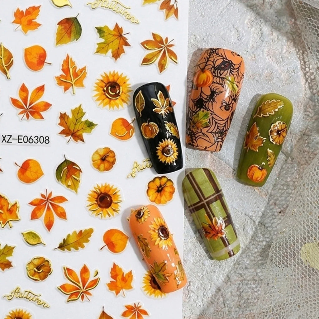 12Pcs Autumn Maple Leaves Animal Nail Stickers Mixed Cartoon Fox Deer Squirrel Adhesive Nail Decals DIY Fall Manicure Decoration