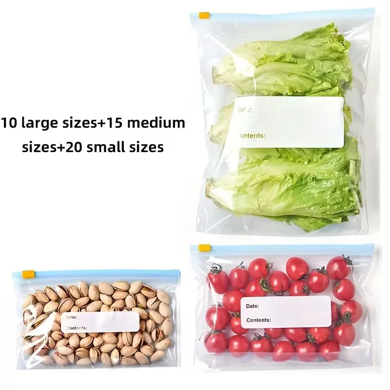 45pcs Leak-Proof Reusable Food Storage Bags with Zipper Seal for Fruits, Vegetables, Meats & Grains