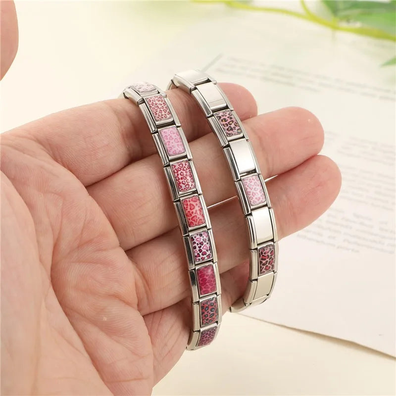 Wholesale Women Fashion Gold Leaf Pink Leopard Print Italian Charm Fit 9mm Stainless Steel Bracelet Drop Shipping Gifts Jewelrys