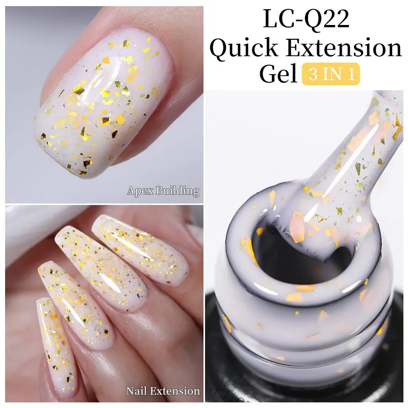 LILYCUTE Milky White Gold Sequins Quick Extension Rubber Base Gel Nail Polish Glitter Extend Construct Hard Gel Nail Art Varnish