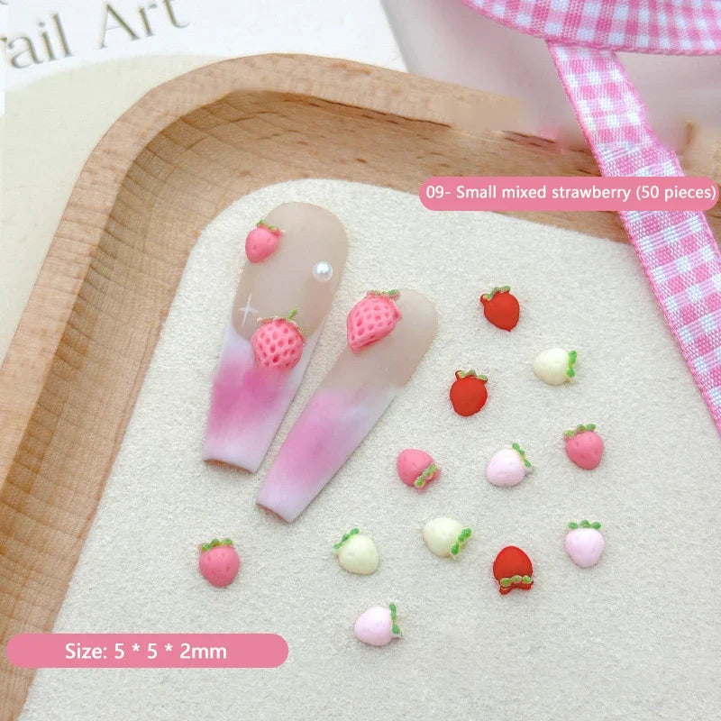 50PCS 3D Resin Cartoon Fruits Nail Rhinestones Decorations Parts Sweet Strawberry Nail Charms DIY Summer Nail Art Accessories