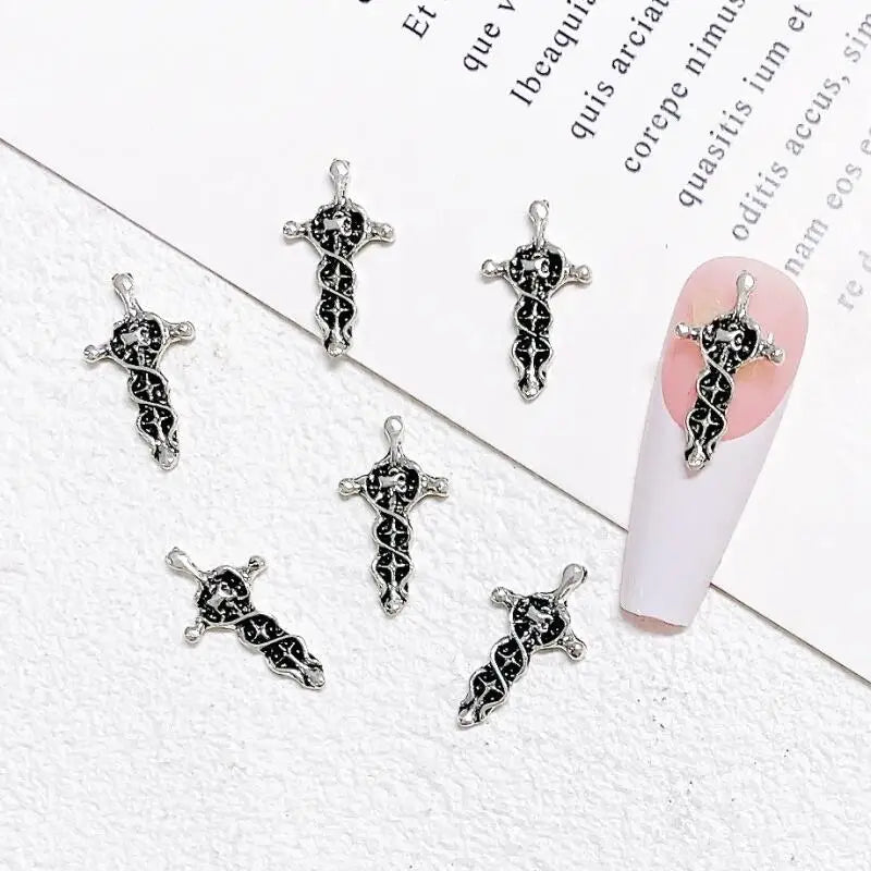 10pcs Gothic Punk Style Nail Art Charms Antique Silver Alloy  Jesus Catholic Cross Accessories Devil Angel Nail Decorations