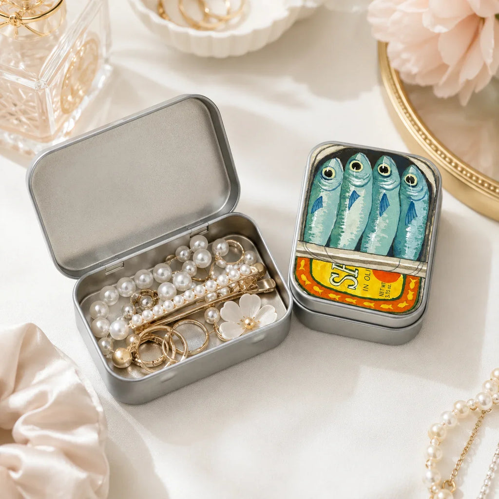 Cute Retro Fish Cat Mini Metal Tin Box, Portable Storage Case for Earbuds Jewelry Pills Coins Travel Desk Gift