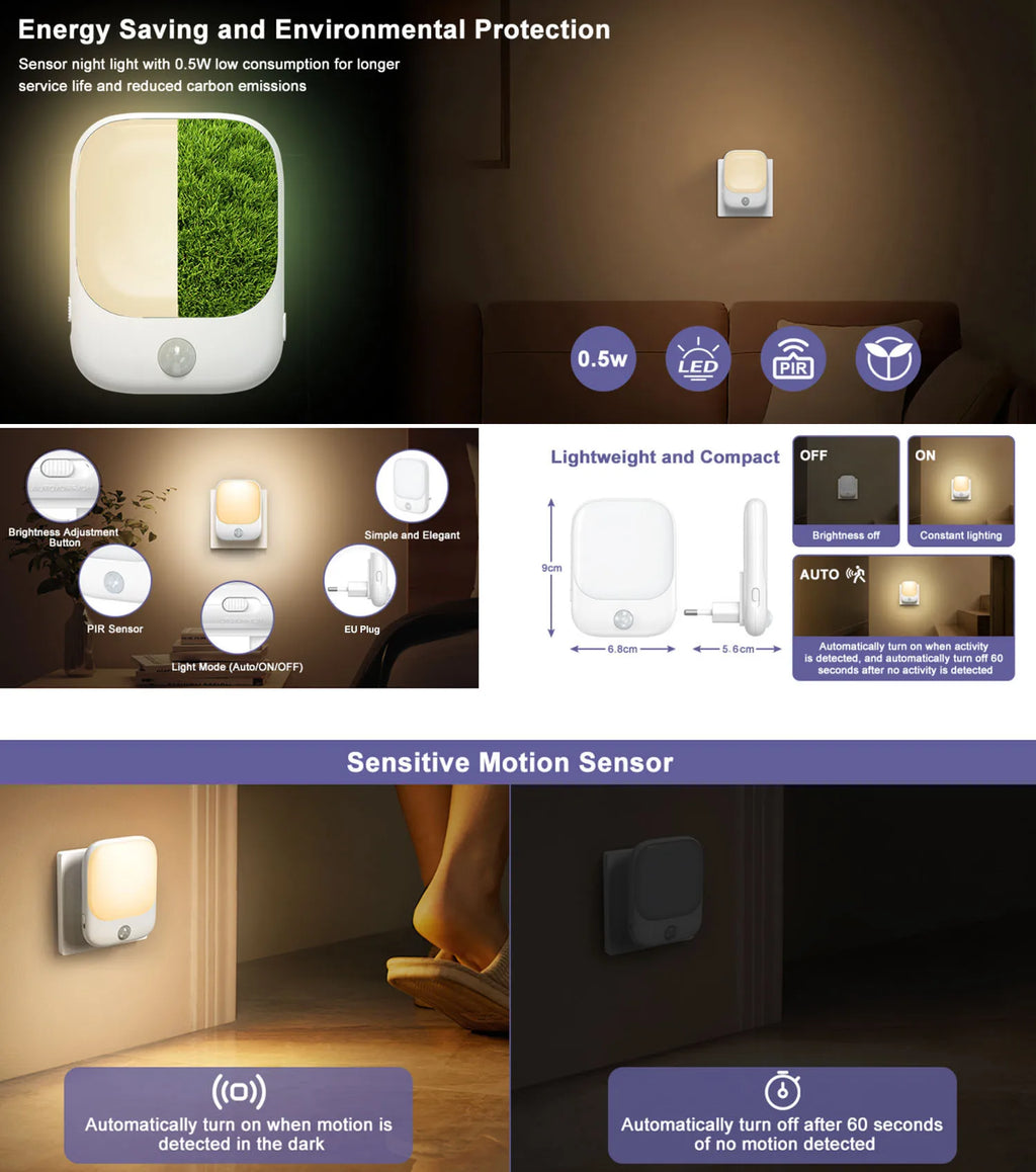 1pc/2pcs/4pcs/10pcs Smart LED Night Light with Sensor, Adjustable Brightness, Motion Sensor Night Light, Warm White