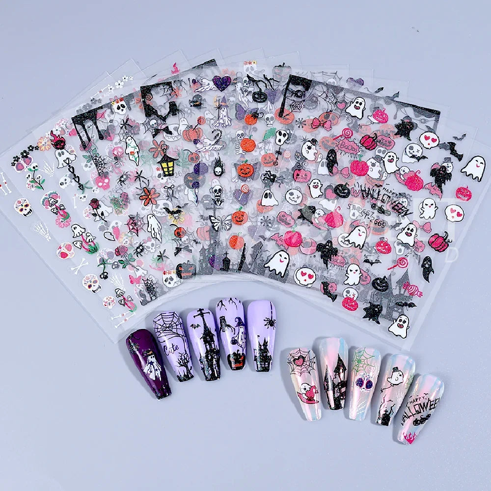 SWEET TREND-12pcs 3D Halloween Nail Stickers Cute Pumpkin Ghost Spider Skull Bow Flower Design Nail Slider Decals Manicure Decor