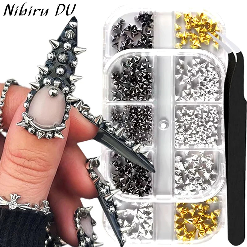 6 Grids Punk Nail Rivets Spikes Metal Studs Gold/Silver/Black Round Cone Nail Art Charms Mixed Size Nail Parts DIY Decoration