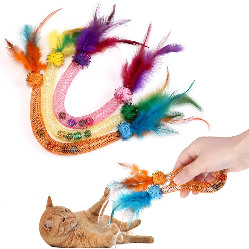 Interactive Cat Toy Catnip Elastic Rope Toy with Feathers and Bell Indoor Kitten Speaky Toys Cat Teaser Hunting Pet Cats Toy
